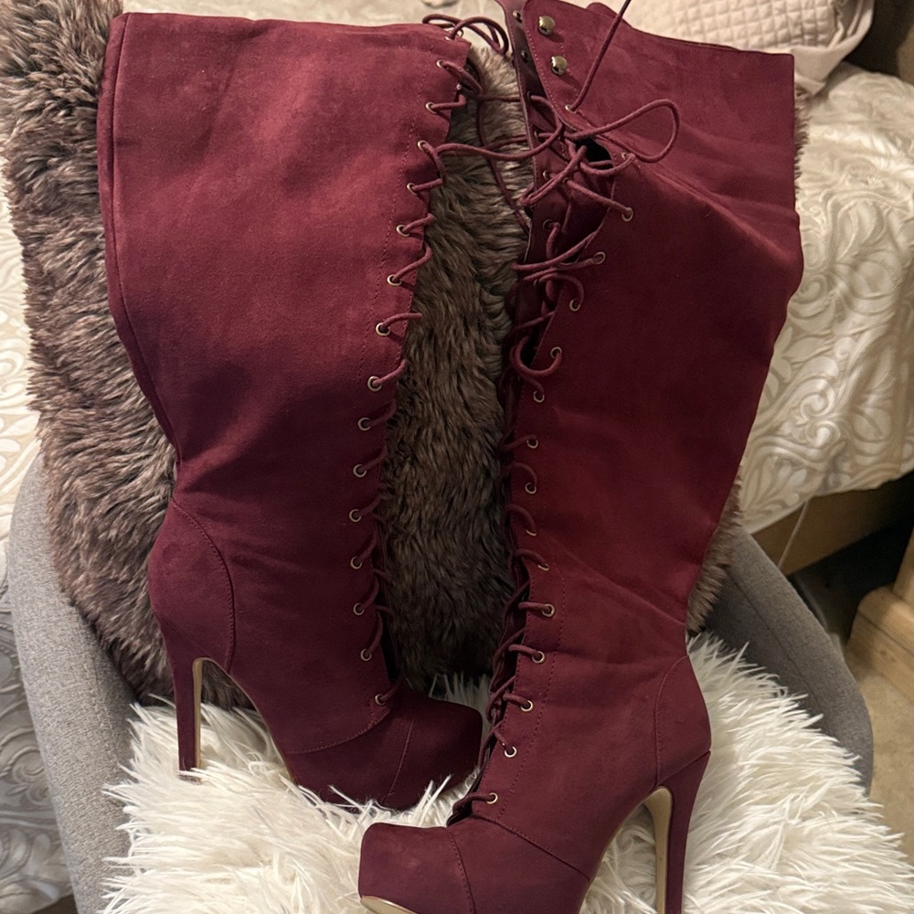 JustFab Wine Lace-Up Over the Knee Boots